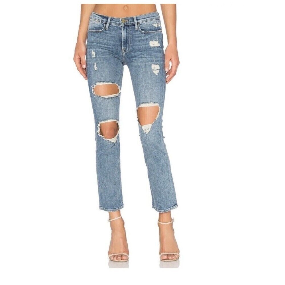 Frame Le High Straight Jeans Women Size 27 Distressed Blue